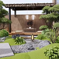 Serene Karesansui Garden With Thatched Pavilion Hanging Lanterns Zen Wall And Stone Pathway