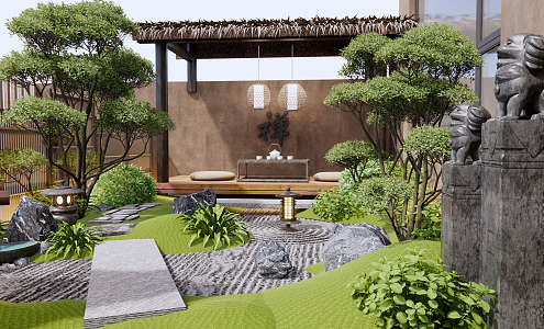 Japanese-style Courtyard Dry Landscape Home Courtyard Landscape 3d model