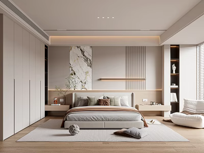 Modern Bedroom Interior With White Wardrobes Marble Painting Bed Bedside Tables And Soft Rug 3d model