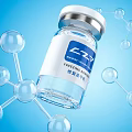 Hyaluronic Acid Cosmetic Serum in Transparent Bottle with Molecular Structure on Blue Background