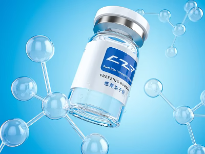 Hyaluronic Acid Cosmetic Serum in Transparent Bottle with Molecular Structure on Blue Background 3d model