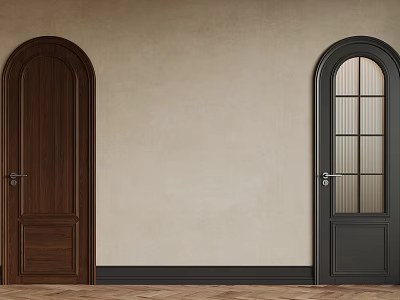 Dark Brown And Black Wooden Hinged Doors With Glass Panel On Beige Wall Wooden Floor 3d model