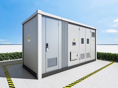 Public Facility Gray Enclosure With Warning Signs Yellow Warning Lines Green Plants Under Blue Sky 3d model