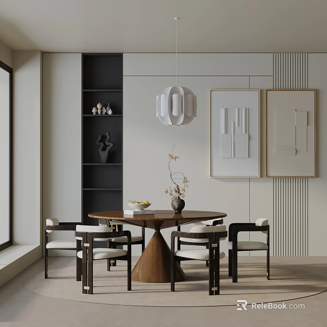 Modern Dining Table Set With Chairs Pendant Light Wall Art And Shelf Decor 3d model