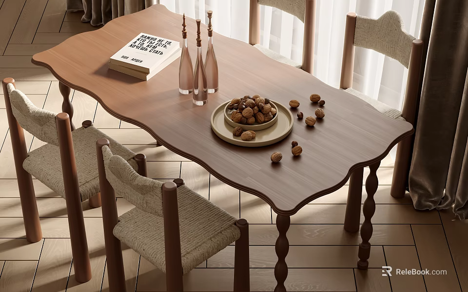 Cozy Wooden Dining Table Set With Upholstered Chairs Nut Bowl Glass Vases And Book 3d model 