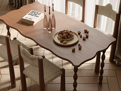 Cozy Wooden Dining Table Set With Upholstered Chairs Nut Bowl Glass Vases And Book 3d model