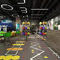 Vibrant Specialty Store Interior With Colorful Chairs Geometric Floor Patterns And Modern Lighting