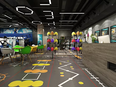 Vibrant Specialty Store Interior With Colorful Chairs Geometric Floor Patterns And Modern Lighting 3d model