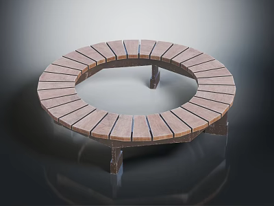 Round Wooden Furniture Bench Featuring Circular Design With Wooden Slats And Supporting Legs 3d model