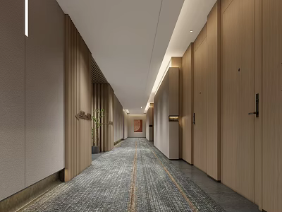 Elegant Hotel Corridor With Wooden Doors Carpet And Ceiling Lights Design 3d model