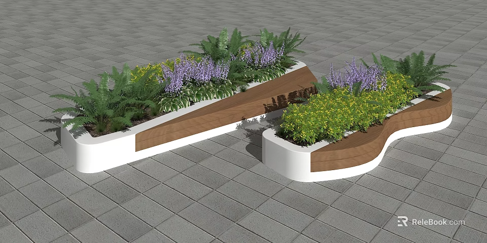 Landscape Seats With Curved Wooden And White Structure Adorned With Colorful Plants 3d model 