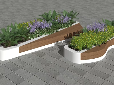 Landscape Seats With Curved Wooden And White Structure Adorned With Colorful Plants 3d model