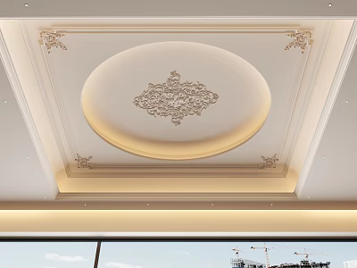 Elegant Ceiling Design With Circular Center Carved Patterns And Light Beige Moldings 3d model