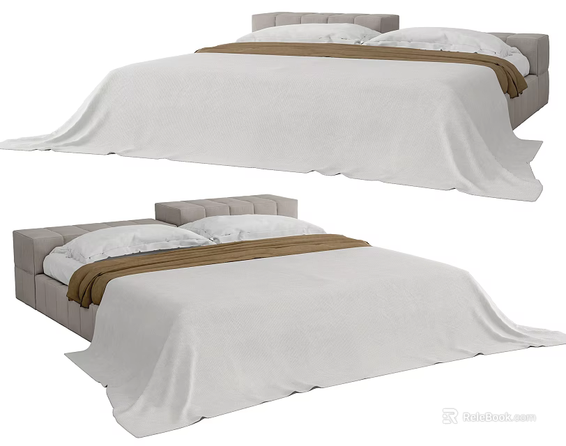 Modern Double Bed with Light Gray Frame White Bedding and Brown Blanket 3d model 