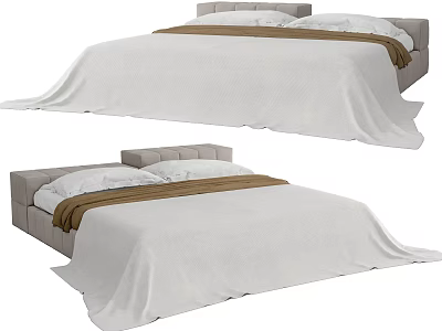 Modern Double Bed with Light Gray Frame White Bedding and Brown Blanket 3d model