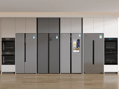 Modern Refrigerators and Freezers in Silver Grey Kitchen with Built in Cabinets and Ovens 3d model
