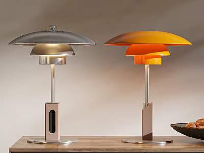 Modern Gray And Orange Table Lamps With Metal Base On Wooden Desk For Home Decor 3d model