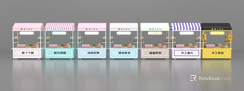 Mobile Vending Carts With Various Colored Canopies And Shelves For Selling Pastries Tarts Donuts 3d model 