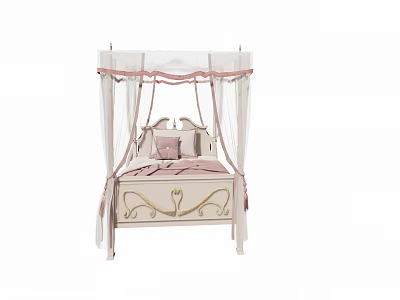 Elegant Single Bed With White Canopy Pink Bedding And Carved Decorative Details 3d model