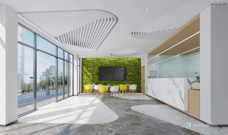 Modern Reception Area With Marble Front Desk Green Plant Wall Large Windows And Yellow Chairs 3d model 