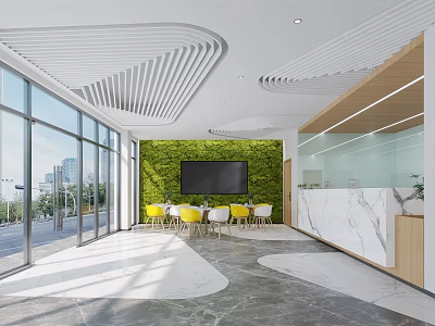 Modern Reception Area With Marble Front Desk Green Plant Wall Large Windows And Yellow Chairs 3d model