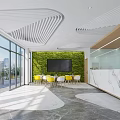 Modern Reception Area With Marble Front Desk Green Plant Wall Large Windows And Yellow Chairs
