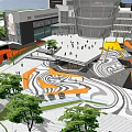 Urban Square Landscape Featuring Orange Geometric Structure Trees Pedestrians And Stroller 3d model