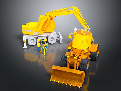 Yellow Construction Excavator Loader Vehicles With Worker Figures And Tripod 3d model