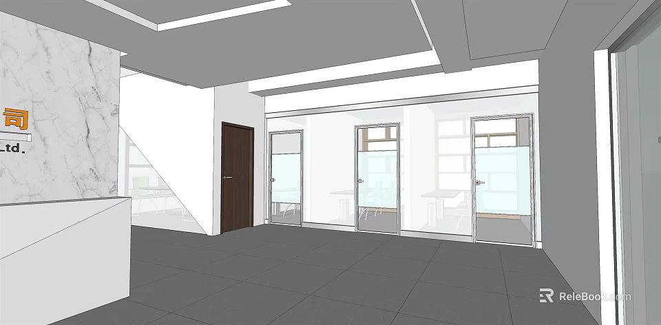Modern Reception Area With Front Desk Glass Doors Ceiling Lighting And Tile Floor 3d model 