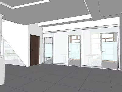 Modern Reception Area With Front Desk Glass Doors Ceiling Lighting And Tile Floor 3d model