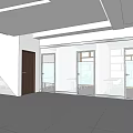 Modern Reception Area With Front Desk Glass Doors Ceiling Lighting And Tile Floor