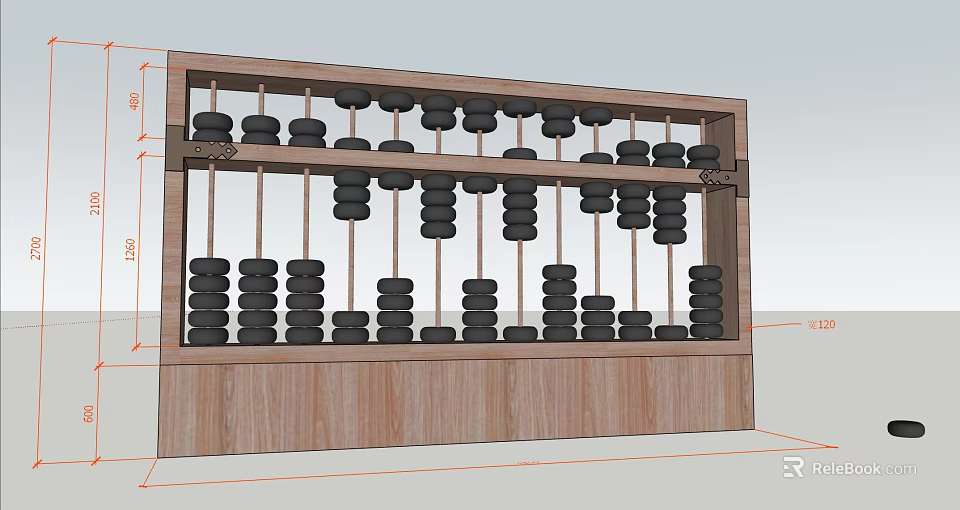 Wooden Abacus Sculpture with Black Beads and Intricate Frame Design 3d model 