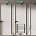 Three White Safety Exit Doors With Green Signs Red Cabinet And Potted Plant