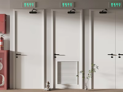 Three White Safety Exit Doors With Green Signs Red Cabinet And Potted Plant 3d model