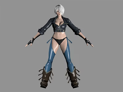 Silver White Short Hair Female Game Character With Black Leather Jacket And Blue Tight Pants 3d model