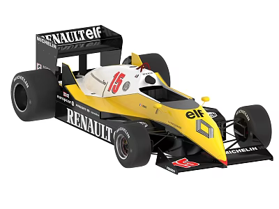 Yellow and White Renault Formula One Race Car With Rear Wing And Large Tires 3d model