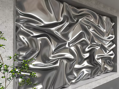 Silver Metallic Background Wall with Wavy Folds Texture and Concrete Frame Green Plant 3d model