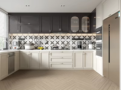 Modern Kitchen Interior With Dark And White Cabinets Tile Backsplash And Herringbone Floor 3d model