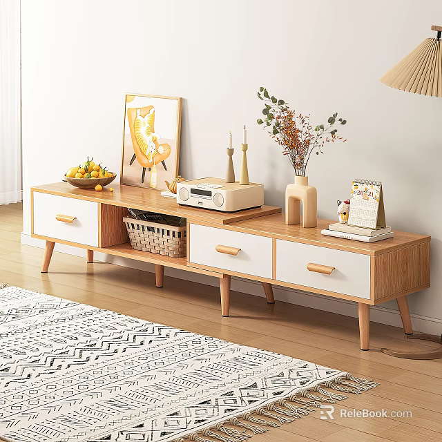 Wooden TV Stand With Drawers Wicker Basket And Decorations Including Fruit Bowl Picture Frame Vase 3d model 