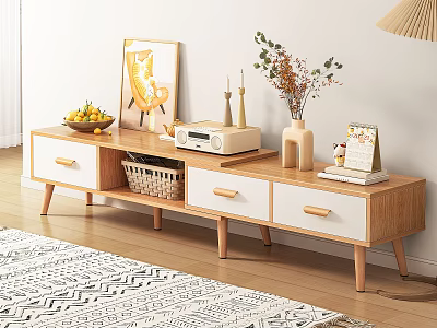 Wooden TV Stand With Drawers Wicker Basket And Decorations Including Fruit Bowl Picture Frame Vase 3d model