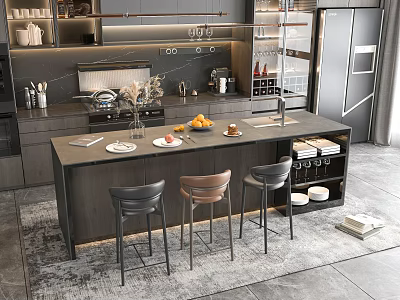 Modern Open Kitchen Interior Design With Island Counter Cabinets And Bar Stools 3d model