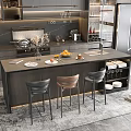 Modern Open Kitchen Interior Design With Island Counter Cabinets And Bar Stools 3d model