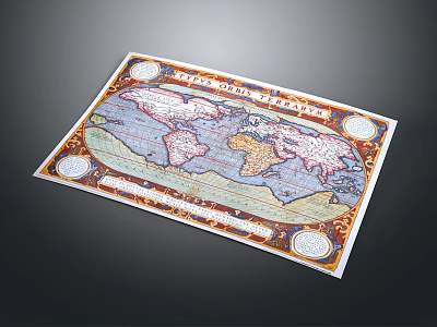 Vintage World Map Displaying Geographical Landscapes With Ornate Borders And Circular Emblems 3d model