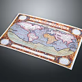 Vintage World Map Displaying Geographical Landscapes With Ornate Borders And Circular Emblems