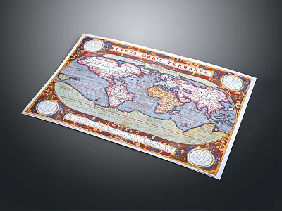 Vintage World Map Displaying Geographical Landscapes With Ornate Borders And Circular Emblems 3d model