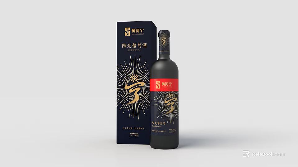 Sunshine Cabernet Sauvignon Black Wine Bottle With Golden Pattern Red Label And Packaging Box 3d model 