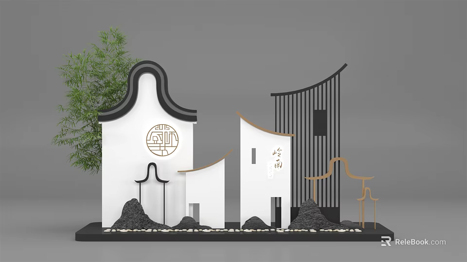 Chinese Traditional Architecture Model With Bamboo Rockery And Decorative Rooftops 3d model 