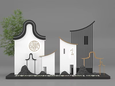 Chinese Traditional Architecture Model With Bamboo Rockery And Decorative Rooftops 3d model