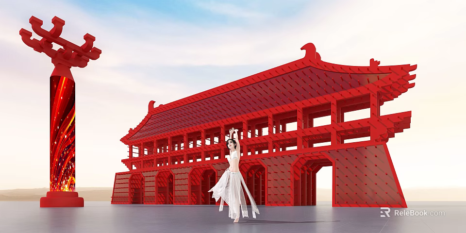 Red Ancient Chinese Building With Ornate Eaves And Woman In White Dress Dancing 3d model 