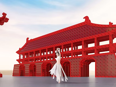 Red Ancient Chinese Building With Ornate Eaves And Woman In White Dress Dancing 3d model